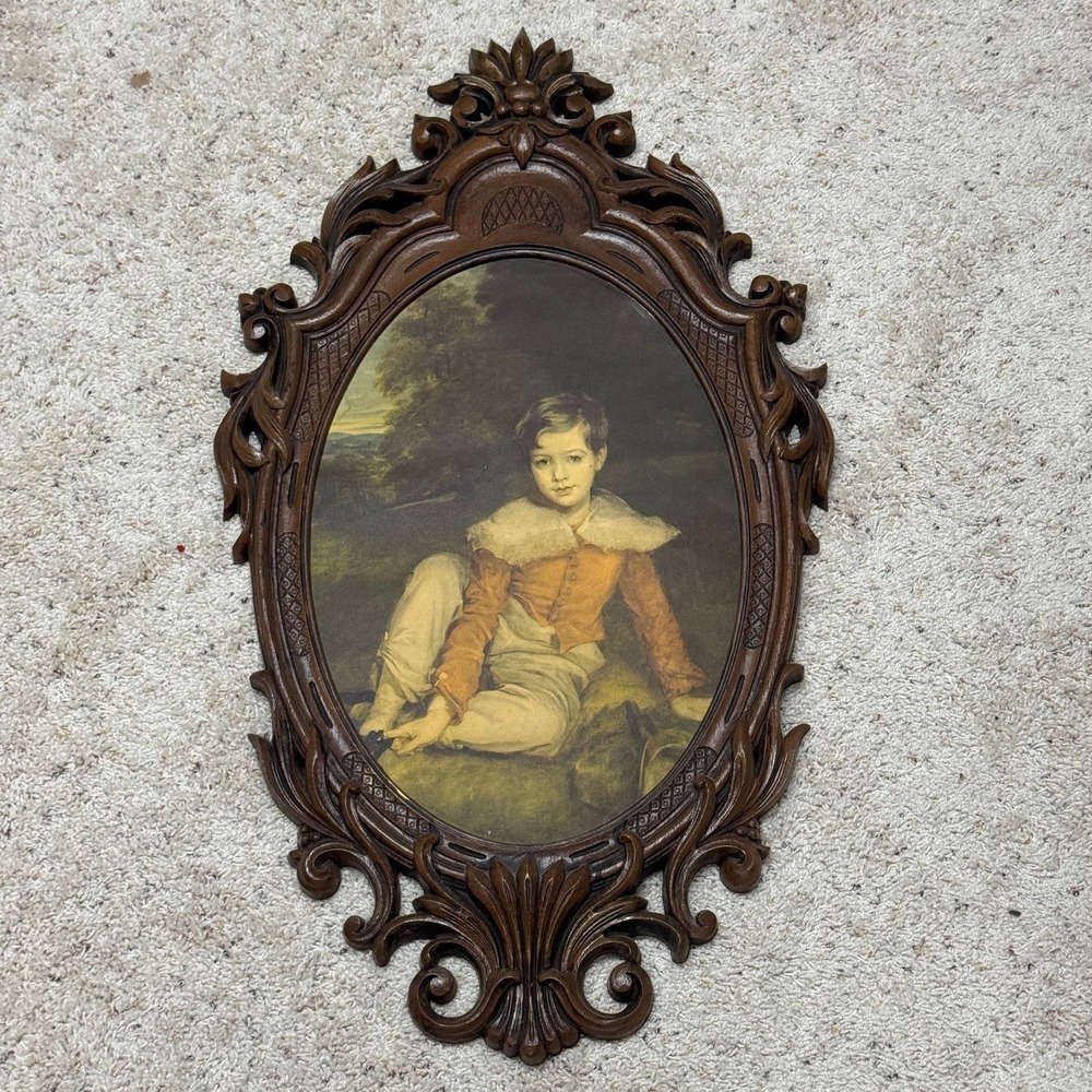 Vintage Master Lambton Red Boy Oval Portrait Ornate Faux Wood Frame Regency Art